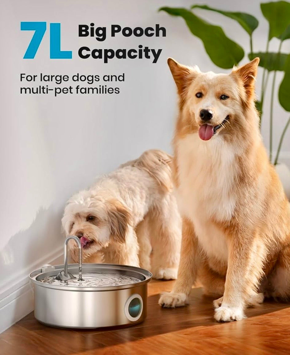 Oneisall Dog Water Fountain, 7L/230oz/1.8G Quiet Dog Fountain Water Bowl, Stainless Steel Dog Water Fountain with Visual Water Level&Triple Filtration for Large Medium Small Breed Dogs Pets + 3 Set Filters.