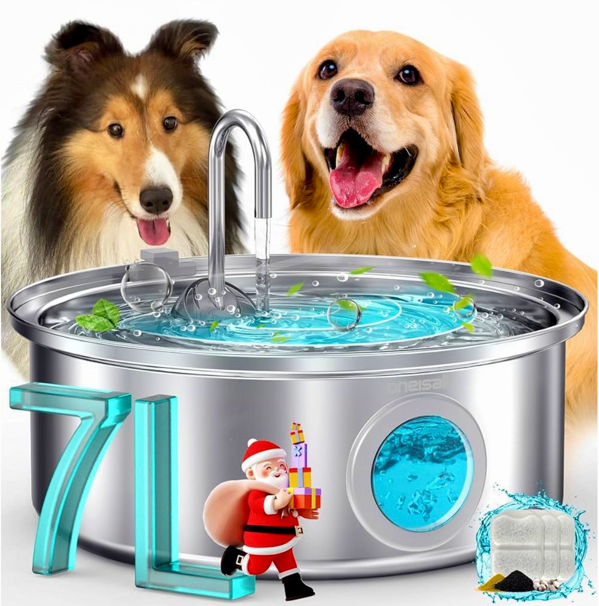 Oneisall Dog Water Fountain, 7L/230oz/1.8G Quiet Dog Fountain Water Bowl, Stainless Steel Dog Water Fountain with Visual Water Level&Triple Filtration for Large Medium Small Breed Dogs Pets + 3 Set Filters.
