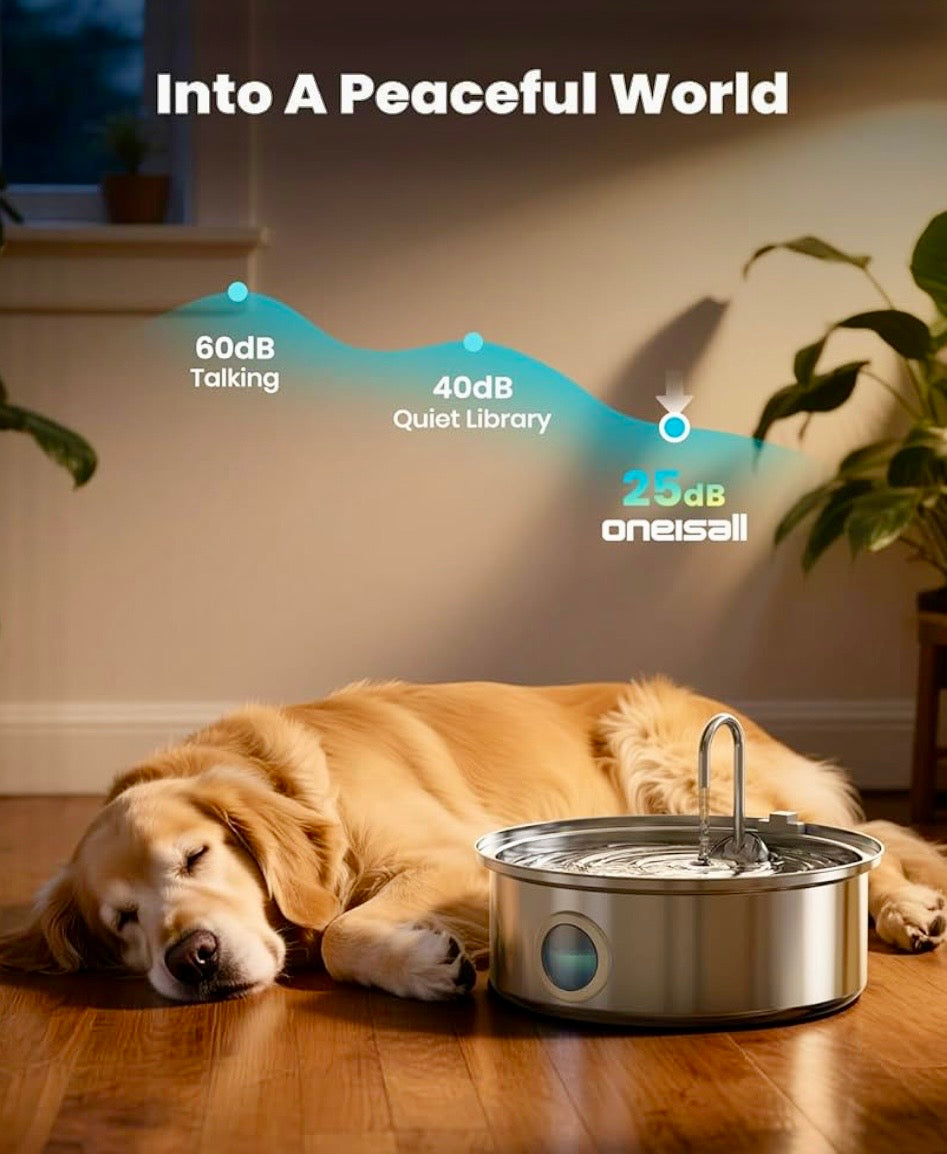 Oneisall Dog Water Fountain, 7L/230oz/1.8G Quiet Dog Fountain Water Bowl, Stainless Steel Dog Water Fountain with Visual Water Level&Triple Filtration for Large Medium Small Breed Dogs Pets + 3 Set Filters.